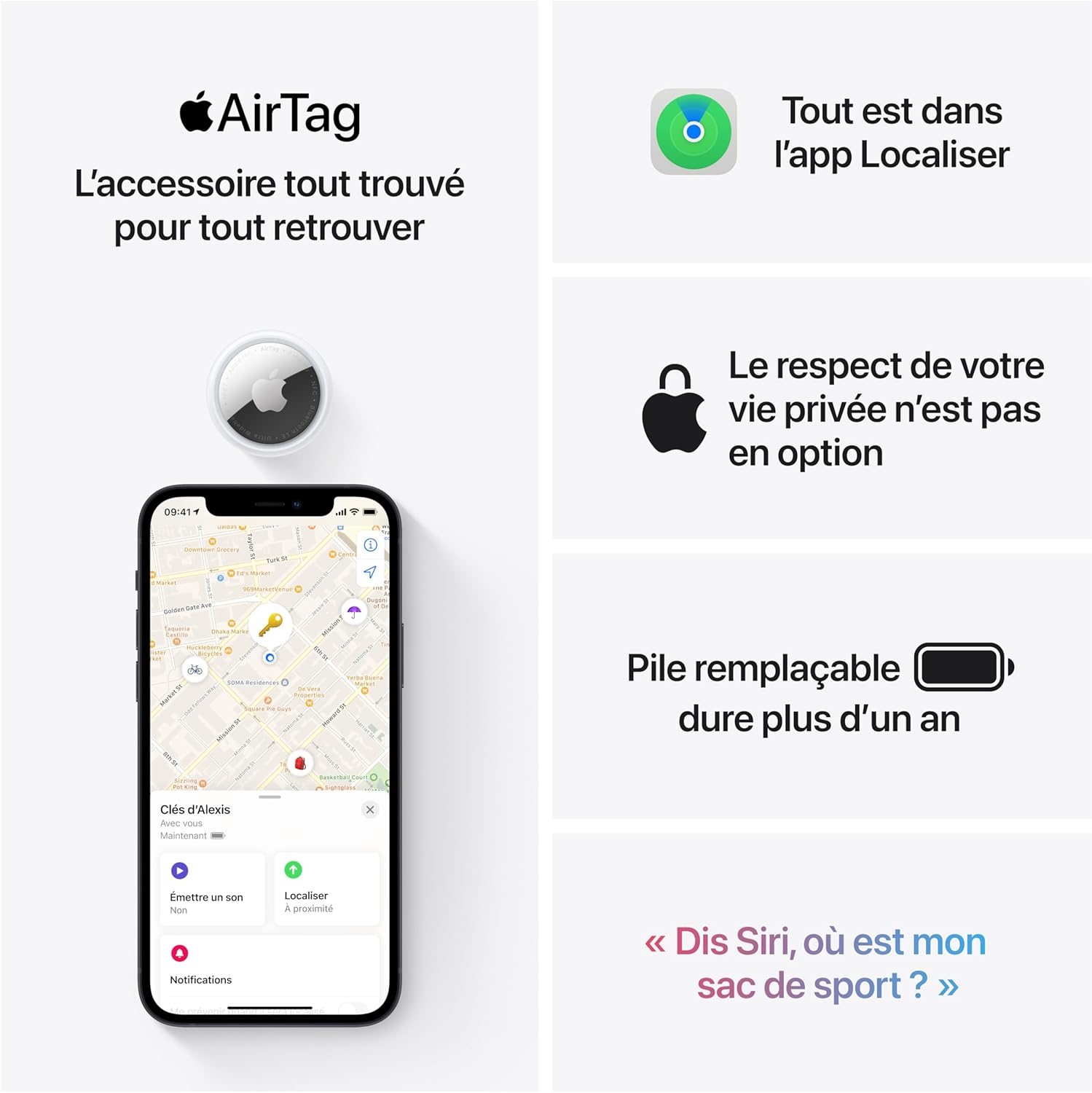 Apple AirTag (1ᵉ génération). Repérer Votre Trousseau de clés, Porte-Feuille, Valise, Sac. Résistant à l'eau. Batterie remplaçable. Compatible avec iPhone ou iPad.